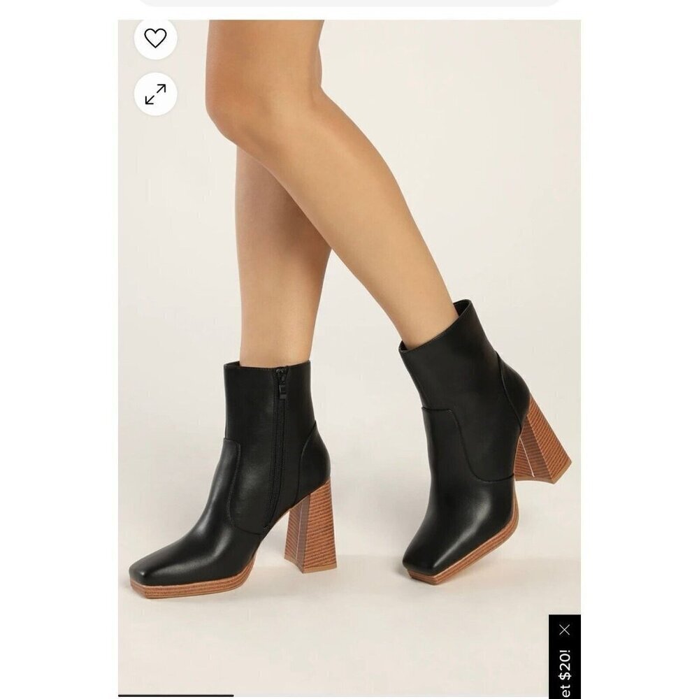 Lulus Konnie Black Platform Square-Toe Ankle Boots size 7